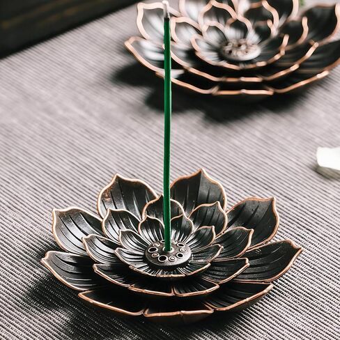 Large Bronze Lotus Multi-Hole Incense Holder, Metal Incense Burner Tray for Stick Cones, Vintage Aromatherapy Plate for Meditation Yoga Decor in Saudi Arabia