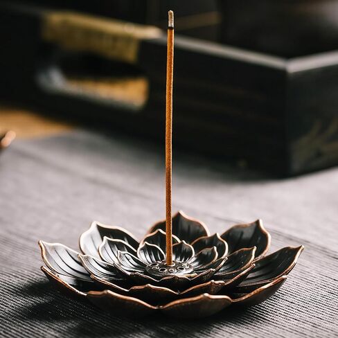 Large Bronze Lotus Multi-Hole Incense Holder, Metal Incense Burner Tray for Stick Cones, Vintage Aromatherapy Plate for Meditation Yoga Decor in Saudi Arabia