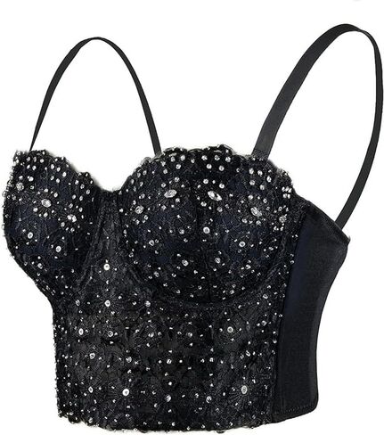 Women's Rhinestone Bustier Top Corset Sexy Club Party Crop Lace Going Out Sleeveless Top Vest Bra with Underwire in Saudi Arabia