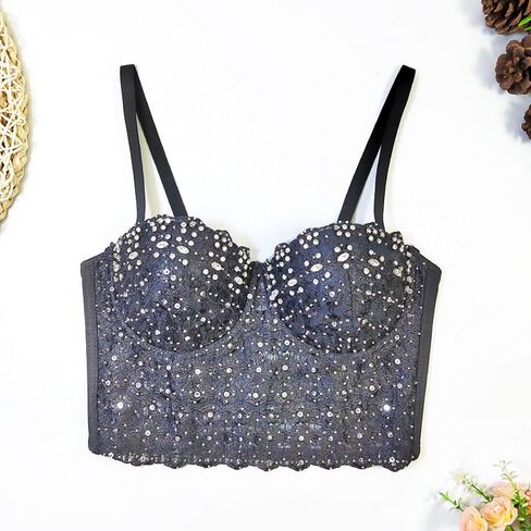 Women's Rhinestone Bustier Top Corset Sexy Club Party Crop Lace Going Out Sleeveless Top Vest Bra with Underwire in Saudi Arabia