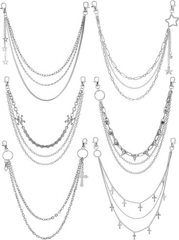 Quelay 6 PCS BANTS Chain for Men Hip Hop Pants Chain Cross Sword Star Rivet Goth Jean Hip Jewelry for Rock Women Excalies in Kuwait