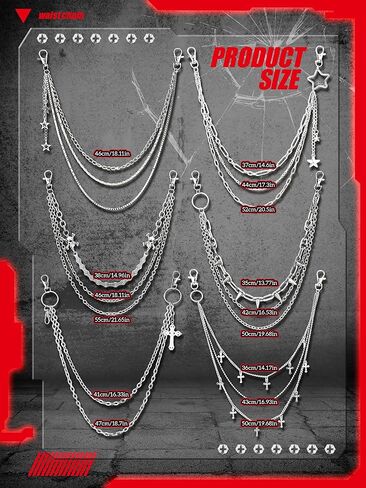 Quelay 6 PCS BANTS Chain for Men Hip Hop Pants Chain Cross Sword Star Rivet Goth Jean Hip Jewelry for Rock Women Excalies in Kuwait