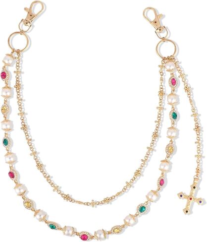 Pants Chain, Alloy Double Layer Pearl Wallet Chains with Crucifix Pendant Stylish Jeans Accessory Personalized Jewelry for Women Men Pocket Pants in Saudi Arabia