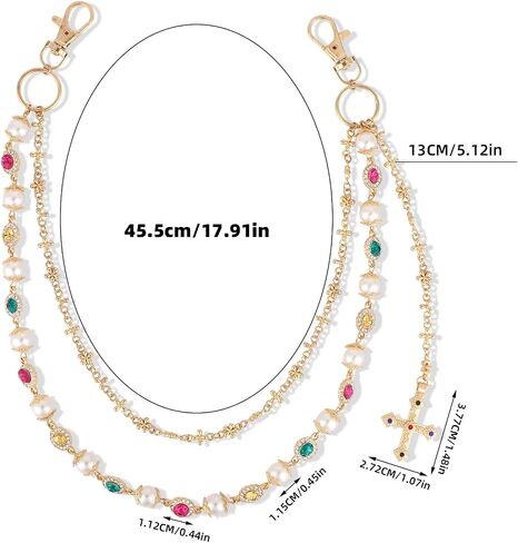 Pants Chain, Alloy Double Layer Pearl Wallet Chains with Crucifix Pendant Stylish Jeans Accessory Personalized Jewelry for Women Men Pocket Pants in Saudi Arabia