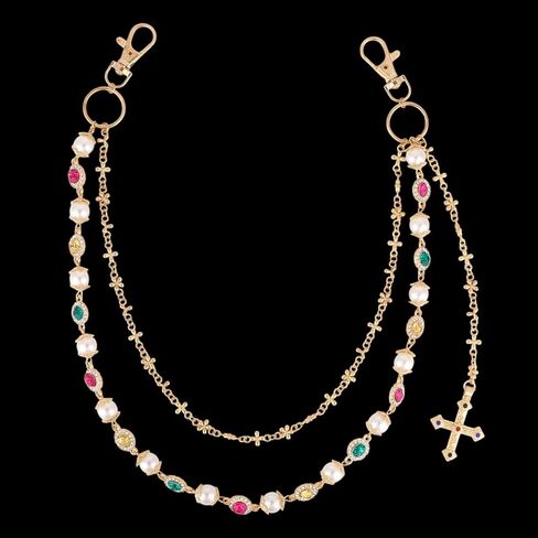 Pants Chain, Alloy Double Layer Pearl Wallet Chains with Crucifix Pendant Stylish Jeans Accessory Personalized Jewelry for Women Men Pocket Pants in Saudi Arabia