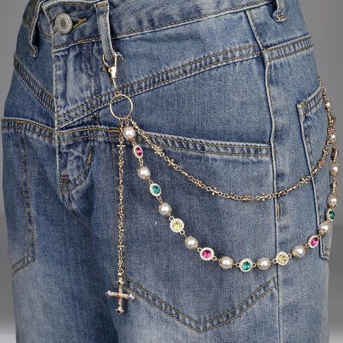 Pants Chain, Alloy Double Layer Pearl Wallet Chains with Crucifix Pendant Stylish Jeans Accessory Personalized Jewelry for Women Men Pocket Pants in Saudi Arabia