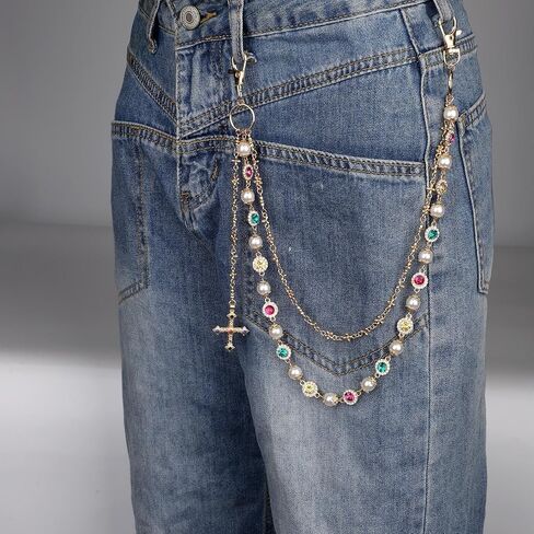 Pants Chain, Alloy Double Layer Pearl Wallet Chains with Crucifix Pendant Stylish Jeans Accessory Personalized Jewelry for Women Men Pocket Pants in Saudi Arabia