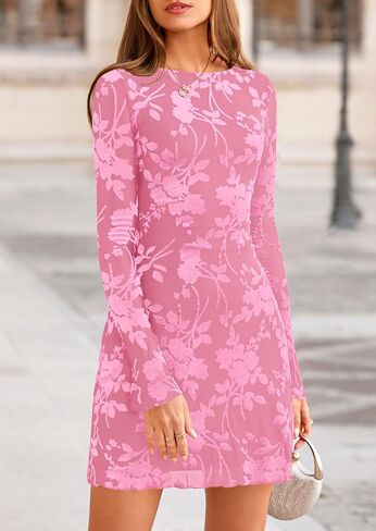 PRETTYGARDEN Women's 2025 Fall Fashion Floral Long Sleeve Mini Dress Mesh Bodycon Short Party Date Night Going Out Dresses in Saudi Arabia