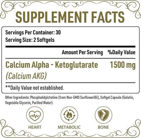 Liposomal Calcium AKG Supplement 1500 MG (Alpha-Ketoglutaric Acid), High Absorption, More Effective Than AAKG, Ca AKG for Longevity, Age Defense, Cellular Energy, Metabolic Function, 120 Softgels in Saudi Arabia