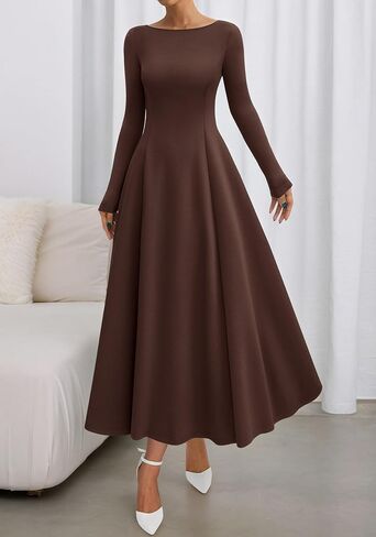 BTFBM Fall Dresses for Women 2025 Trendy Boat Neck Long Sleeve A Line Flowy Knit Loose Casual Elegant Party Maxi Dress in Saudi Arabia