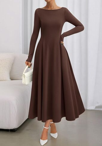 BTFBM Fall Dresses for Women 2025 Trendy Boat Neck Long Sleeve A Line Flowy Knit Loose Casual Elegant Party Maxi Dress in Saudi Arabia
