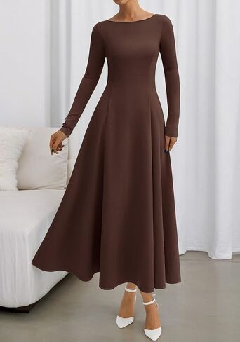 BTFBM Fall Dresses for Women 2025 Trendy Boat Neck Long Sleeve A Line Flowy Knit Loose Casual Elegant Party Maxi Dress in Saudi Arabia