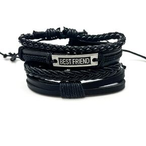 4 Pcs Braided Leather Bracelet for Men and Women, Bead Bracelet Set, Adjustable Leather Wristbands in Black in Saudi Arabia