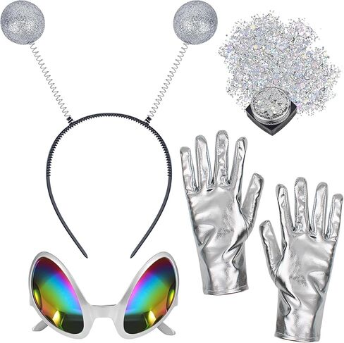 Alien Headband with Glasses, Holographic Glitter Alien Costume Accessories with Gloves for Women for Party Cosplay in Saudi Arabia