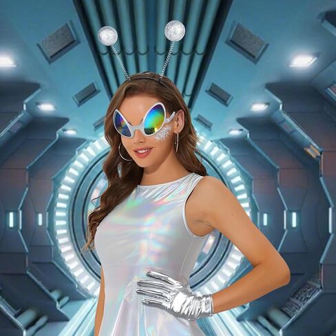 Alien Headband with Glasses, Holographic Glitter Alien Costume Accessories with Gloves for Women for Party Cosplay in Saudi Arabia