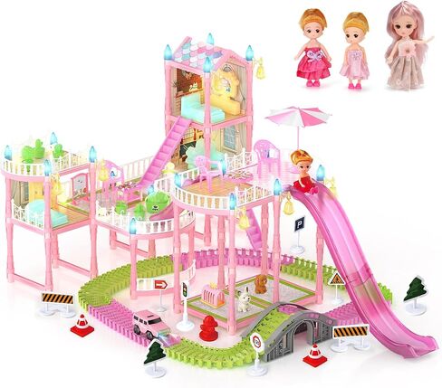 Dollhouse, Girls Theme DreamHouse with Gorgeous Lighting, 3 Dolls, 4 Floors -13 Rooms, 7 Sets of Furniture and Accessories, Design and Build Gift, Ages 3 and Up in Saudi Arabia