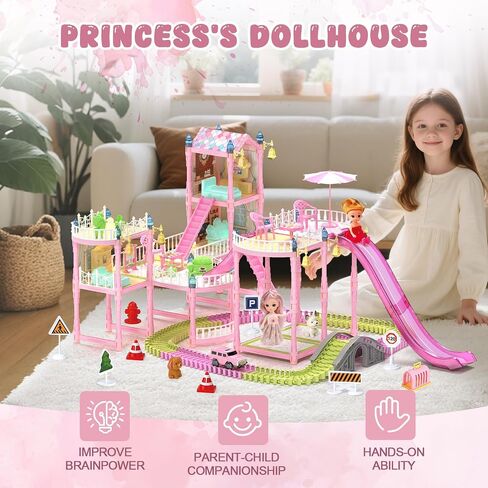 Dollhouse, Girls Theme DreamHouse with Gorgeous Lighting, 3 Dolls, 4 Floors -13 Rooms, 7 Sets of Furniture and Accessories, Design and Build Gift, Ages 3 and Up in Saudi Arabia