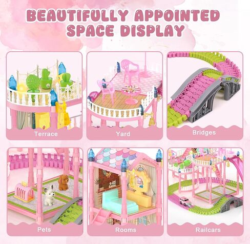 Dollhouse, Girls Theme DreamHouse with Gorgeous Lighting, 3 Dolls, 4 Floors -13 Rooms, 7 Sets of Furniture and Accessories, Design and Build Gift, Ages 3 and Up in Saudi Arabia