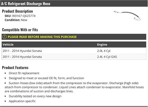 A/C Refrigerant Discharge Hose - Compatible with 2011-2014 Hyundai Sonata in Saudi Arabia