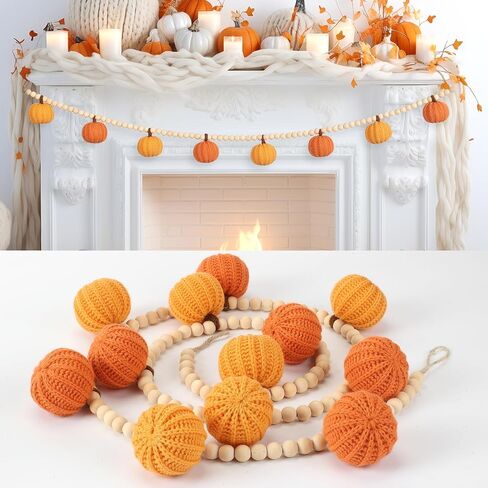ZenNex Crochet Pumpkins Garland with Wood Beads Fall Pumpkin Garlands Decor for Fall Thanksgiving, Harvest, Halloween Orange and Pink Color Sets (Rustic Fall Color) in Saudi Arabia