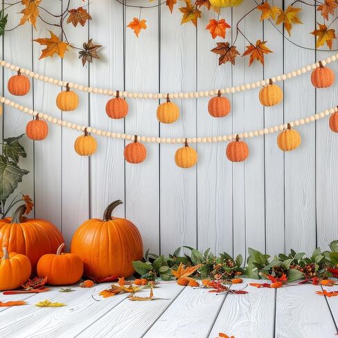 ZenNex Crochet Pumpkins Garland with Wood Beads Fall Pumpkin Garlands Decor for Fall Thanksgiving, Harvest, Halloween Orange and Pink Color Sets (Rustic Fall Color) in Saudi Arabia