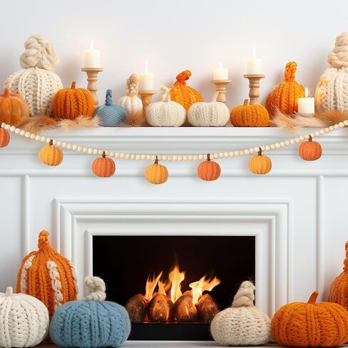 ZenNex Crochet Pumpkins Garland with Wood Beads Fall Pumpkin Garlands Decor for Fall Thanksgiving, Harvest, Halloween Orange and Pink Color Sets (Rustic Fall Color) in Saudi Arabia