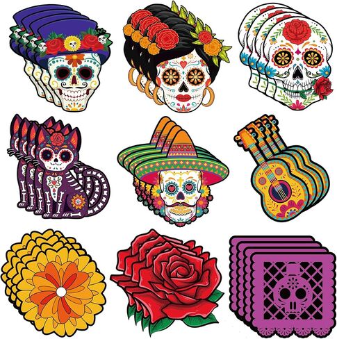 Konsait Dia De Los Muertos Decorations Paper Cutous - 36Pcs Day of The Dead Flowers Sugar Skull Cutout for Altar Wall Crafts, Bulletin Board and More, 9 Designs in Saudi Arabia