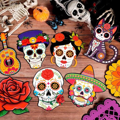 Konsait Dia De Los Muertos Decorations Paper Cutous - 36Pcs Day of The Dead Flowers Sugar Skull Cutout for Altar Wall Crafts, Bulletin Board and More, 9 Designs in Saudi Arabia