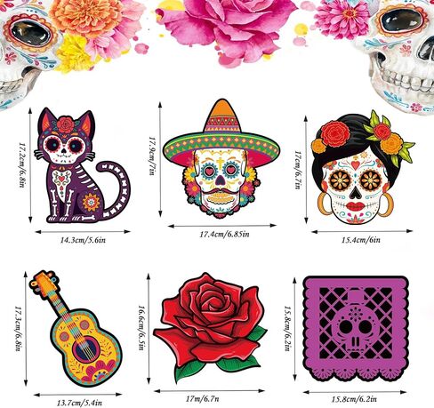 Konsait Dia De Los Muertos Decorations Paper Cutous - 36Pcs Day of The Dead Flowers Sugar Skull Cutout for Altar Wall Crafts, Bulletin Board and More, 9 Designs in Saudi Arabia