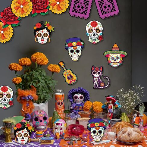 Konsait Dia De Los Muertos Decorations Paper Cutous - 36Pcs Day of The Dead Flowers Sugar Skull Cutout for Altar Wall Crafts, Bulletin Board and More, 9 Designs in Saudi Arabia