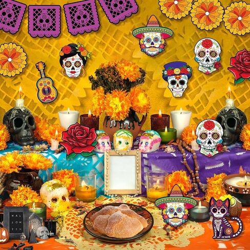 Konsait Dia De Los Muertos Decorations Paper Cutous - 36Pcs Day of The Dead Flowers Sugar Skull Cutout for Altar Wall Crafts, Bulletin Board and More, 9 Designs in Saudi Arabia