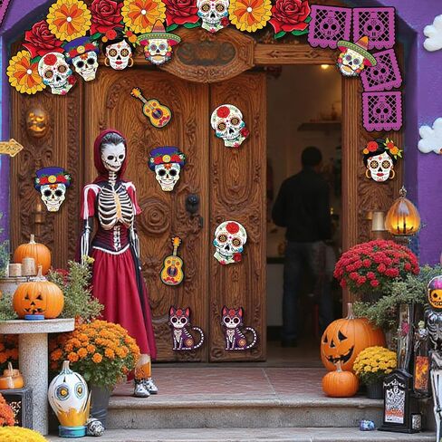 Konsait Dia De Los Muertos Decorations Paper Cutous - 36Pcs Day of The Dead Flowers Sugar Skull Cutout for Altar Wall Crafts, Bulletin Board and More, 9 Designs in Saudi Arabia