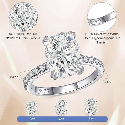 5CT خاتم خطوبة مقطوع وسادة ، S925 S925 Sterling Silver Zirconia زفاف الزفاف للنساء 14K الذهب/الذهب المطلي بالذهب ، والوعد هدية عيد ميلاد لها ، الحجم 5-10 in Kuwait