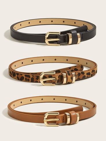 Pooyikoi Womens Skinny Belt Faux Leather Leopard Belt Belt Belt Belt Belts for Bans Pants Fashion Solid مع مشبك الذهب in Kuwait