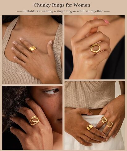 ZOERAY Chunky Gold Rings for Women Non Tarnish Trendy 14k Gold Plated Adjustable Signet Band Stackable Thumb Ring Set Open Twist Dome Statement Stacking Rings Jewelry Gifts for Women Size 5-10 in Kuwait