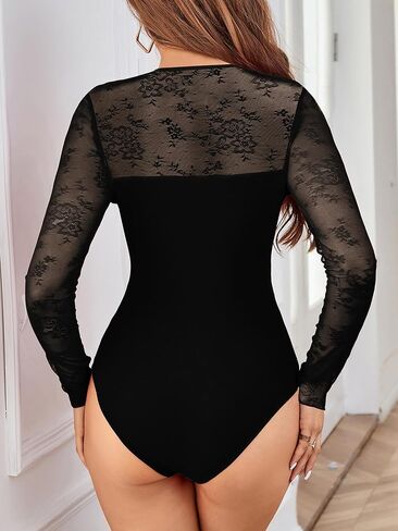 Pasgreson Women's Sexy Lace Sheer Mesh Bodysuit Long Sleeve See Through Going Out Tops Party Night Out Romper Club Outfits in Saudi Arabia