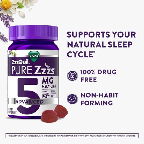 ZzzQuil Pure Zzzs Melatonin Gummies, Melatonin 5mg, Sleep Aid, with Chamomile & Lavender, Melatonin Sleep Gummies, Sleep Aids for Adults, Berry Flavored, 60 Sleep Gummies in Saudi Arabia