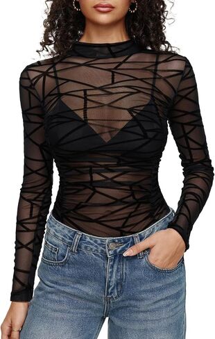 REORIA Women’s Mesh Long Sleeve Bodysuits Sexy Sheer Mock Turtleneck Ruched Going Out Tops （No Lining） in Saudi Arabia