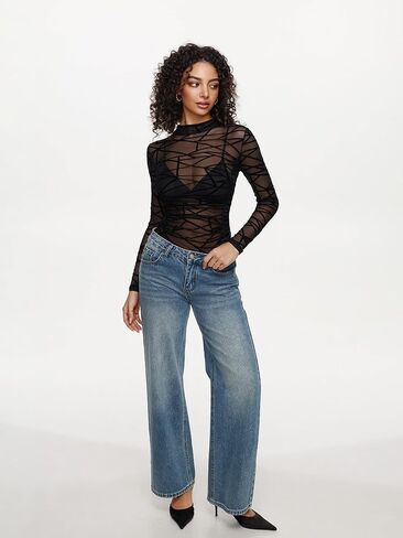 REORIA Women’s Mesh Long Sleeve Bodysuits Sexy Sheer Mock Turtleneck Ruched Going Out Tops （No Lining） in Saudi Arabia