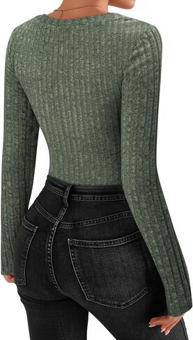 MANGOPOP Women's V Neck Long Sleeve Bodysuit Sweater Slim Fitted Body Suit Thermal Fleece Ribbed Knit Fall Tops 2025 in Saudi Arabia