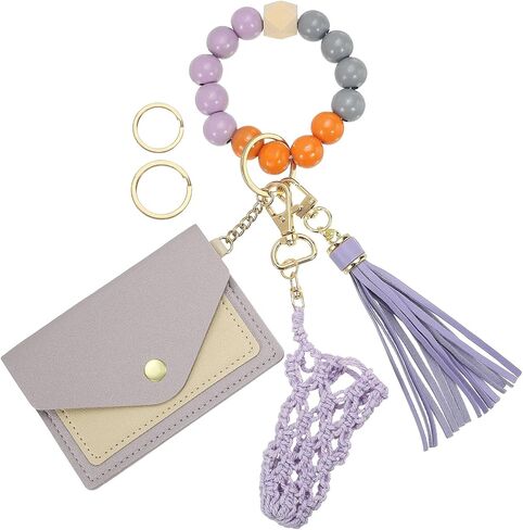 Small Credit Card Wallet with Keychain Wristlet Silicone Beads Ring and Net Lip Balm Holder, PU Leather Card Holder for Women, Purple in Saudi Arabia