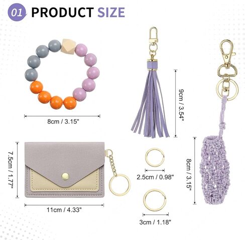 Small Credit Card Wallet with Keychain Wristlet Silicone Beads Ring and Net Lip Balm Holder, PU Leather Card Holder for Women, Purple in Saudi Arabia
