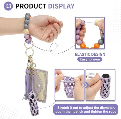 Small Credit Card Wallet with Keychain Wristlet Silicone Beads Ring and Net Lip Balm Holder, PU Leather Card Holder for Women, Purple in Saudi Arabia