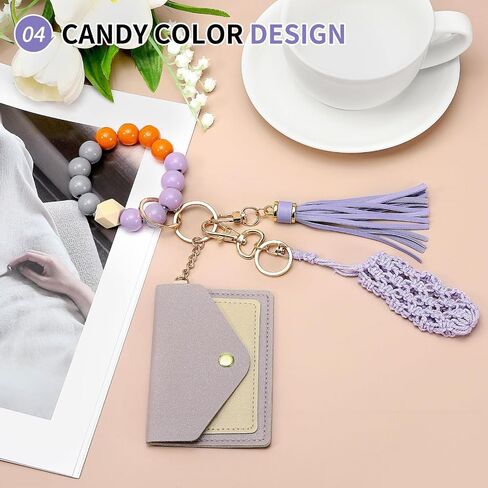 Small Credit Card Wallet with Keychain Wristlet Silicone Beads Ring and Net Lip Balm Holder, PU Leather Card Holder for Women, Purple in Saudi Arabia