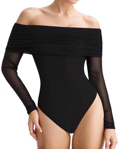 MANGOPOP Women's Off The Shoulder Long Sleeve Bodysuit Sexy Sheer Mesh Top Double Lined Body Suits Fall Outfit 2025 in Saudi Arabia