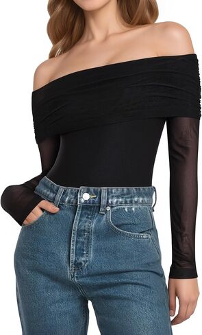 MANGOPOP Women's Off The Shoulder Long Sleeve Bodysuit Sexy Sheer Mesh Top Double Lined Body Suits Fall Outfit 2025 in Saudi Arabia