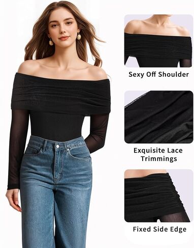 MANGOPOP Women's Off The Shoulder Long Sleeve Bodysuit Sexy Sheer Mesh Top Double Lined Body Suits Fall Outfit 2025 in Saudi Arabia