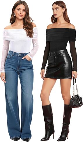 MANGOPOP Women's Off The Shoulder Long Sleeve Bodysuit Sexy Sheer Mesh Top Double Lined Body Suits Fall Outfit 2025 in Saudi Arabia