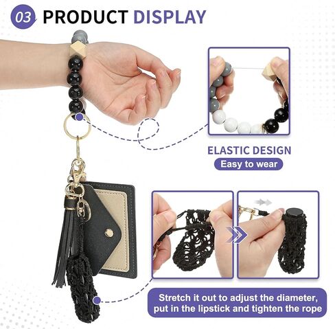 Small Credit Card Wallet with Keychain Wristlet Silicone Beads Ring and Net Lip Balm Holder, PU Leather Card Holder for Women, Purple in Saudi Arabia