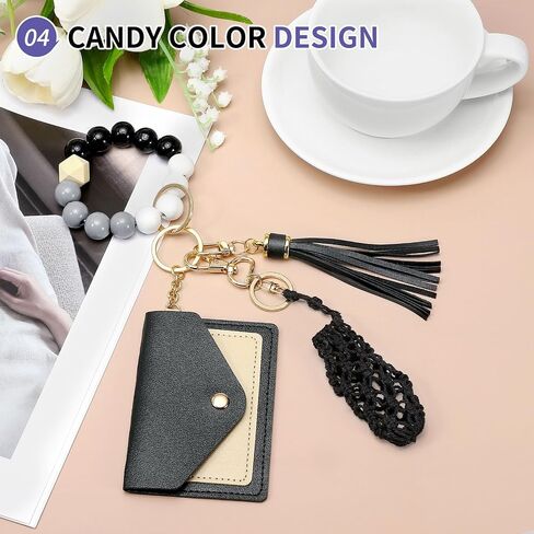 Small Credit Card Wallet with Keychain Wristlet Silicone Beads Ring and Net Lip Balm Holder, PU Leather Card Holder for Women, Purple in Saudi Arabia